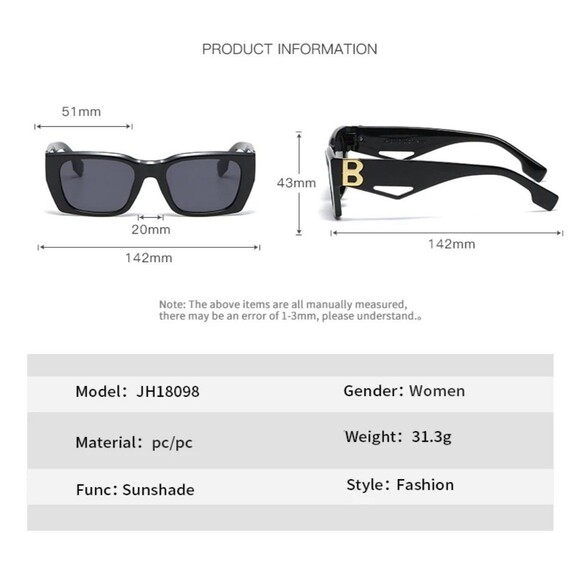 RBRARE 2024 New Fashion Square Sunglasses Women Personality B Word Trend Sunglas - Picture 8 of 8
